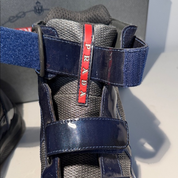 Prada Dark Blue High-Top Patent leather Sneakers with Red Detail - Picture 10 of 12